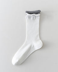 女款中筒襪子粉色撞色雙層襪口羅紋堆堆襪子