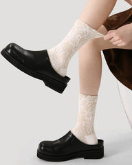 レディース バレエ コットン クルー ソックス フローラル レリーフ エレガント レディライク 厚手 暖かい