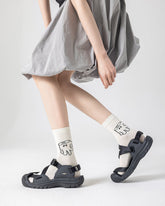 여성용 면 크루 양말 블랙&화이트 귀여운 캐주얼