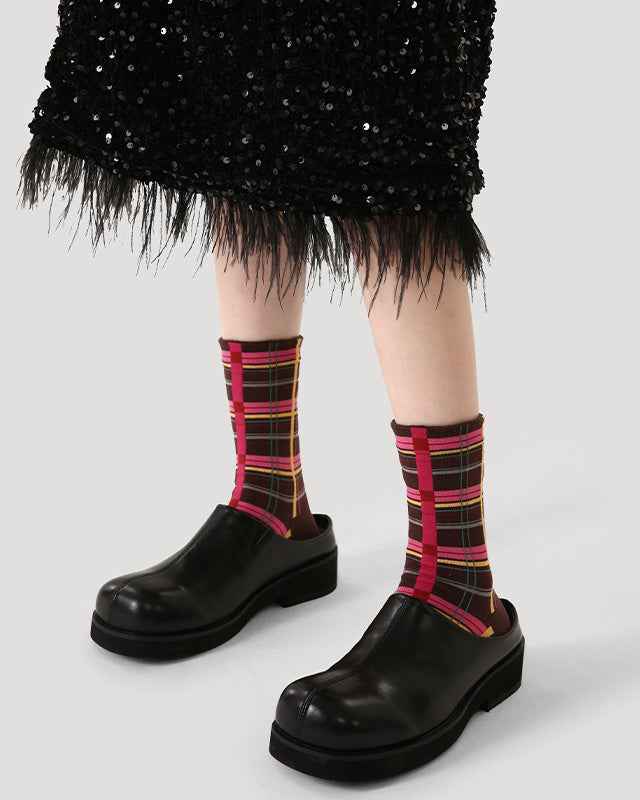 Women Cotton Crew Socks Retro Plaid Vintage Style Thick Warm