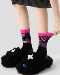 Women Cotton Crew Socks Vintage Contrast Color Plush Cuff Cozy Warm