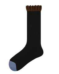 女款中筒襪子 黑色撞色荷葉邊棉質休閒襪子