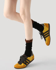 여성 크루 양말 블랙 콘트라스트 러플 트림 코튼 캐주얼 양말