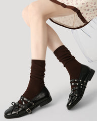 여성 크루 양말 브라운 골지 코튼 캐주얼 양말