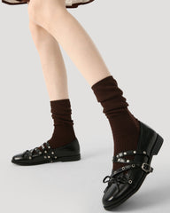 여성 크루 양말 브라운 골지 코튼 캐주얼 양말