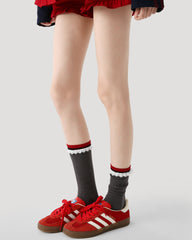 レディース クルー ソックス ダークグレー レーストリム リブ編み コットン シックスタイル