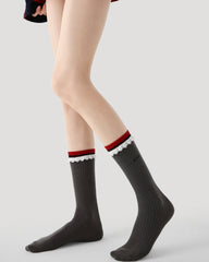 レディース クルー ソックス ダークグレー レーストリム リブ編み コットン シックスタイル