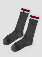 レディース クルー ソックス ダークグレー レーストリム リブ編み コットン シックスタイル