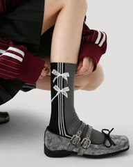 여성 크루 양말 그레이 세로 스트라이프 리본 매듭 골지 코튼 시크 스타일