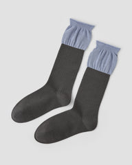 여성 크루 양말 그레이와 블루 컬러블록 골지 코튼 캐주얼 양말