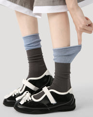 여성 크루 양말 그레이와 블루 컬러블록 골지 코튼 캐주얼 양말