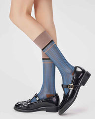 Women Glass Stockings Retro Stripe Contrast Color Seamless Thin Breathable