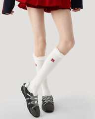 여성용 무릎 길이 양말 레이스 러플 루즈 삭스 코튼 캐주얼 귀여운 스타일