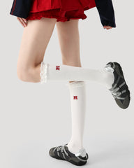 여성용 무릎 길이 양말 레이스 러플 루즈 삭스 코튼 캐주얼 귀여운 스타일