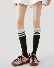 여성용 니하이 양말 레이스 스트라이프 코튼 귀엽고 시크한 스타일