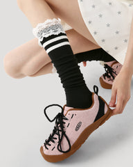 여성용 니하이 양말 레이스 스트라이프 코튼 귀엽고 시크한 스타일