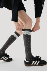 レディース膝丈ソックス 水玉レース コットン キュート シックスタイル