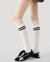 여성용 레이스 탑 스트라이프 무릎 길이 양말 부드럽고 편안하며 통기성 좋음