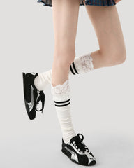 여성용 레이스 탑 스트라이프 무릎 길이 양말 부드럽고 편안하며 통기성 좋음