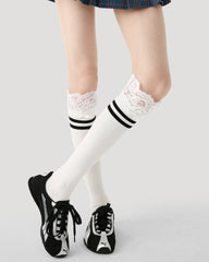여성용 레이스 탑 스트라이프 무릎 길이 양말 부드럽고 편안하며 통기성 좋음