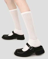 Women Lolita Cotton Knee High Socks Seamless Cutout Stripe Mesh Breathable