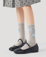 여성 러플 리본 스위트 발레 스타일 심리스 크루 면 양말