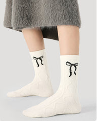 여성용 부드러운 면 크루 양말 리본 패턴 편안한 무봉제