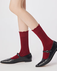 3組合女款棉質中筒襪 基本素色荷葉邊休閒