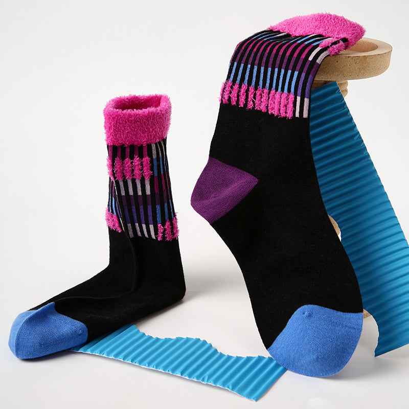 Women Cotton Crew Socks Vintage Contrast Color Plush Cuff Cozy Warm