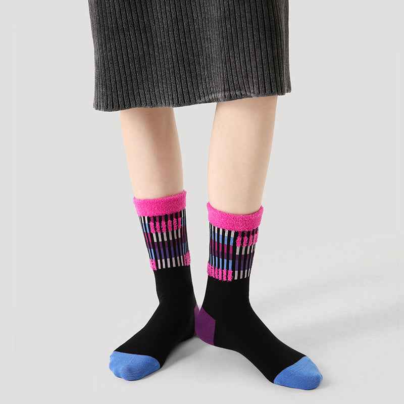 Women Cotton Crew Socks Vintage Contrast Color Plush Cuff Cozy Warm