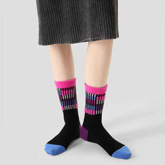 Women Cotton Crew Socks Vintage Contrast Color Plush Cuff Cozy Warm