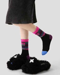 Women Cotton Crew Socks Vintage Contrast Color Plush Cuff Cozy Warm