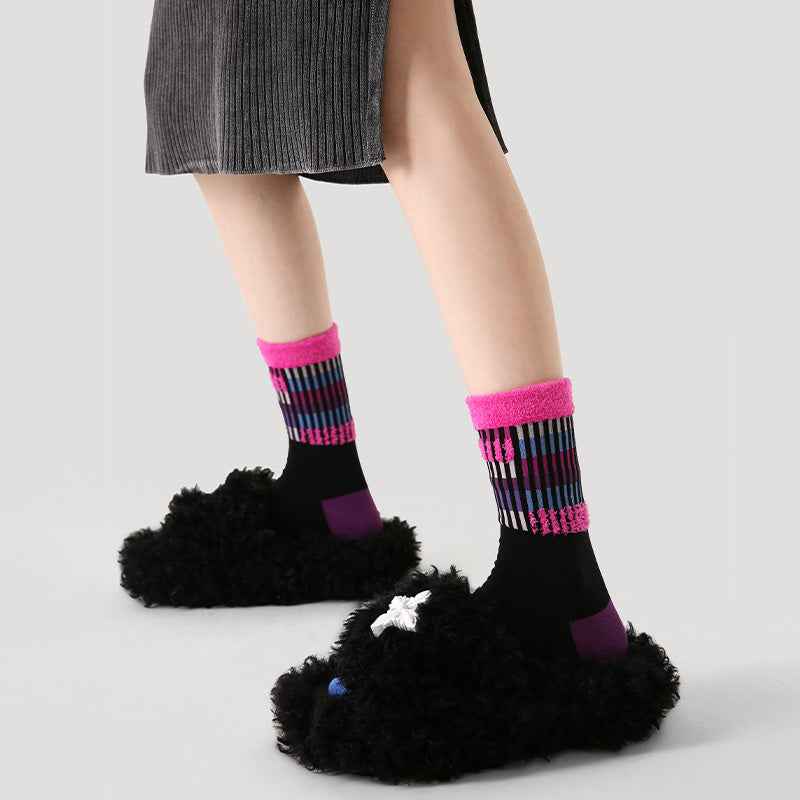 Women Cotton Crew Socks Vintage Contrast Color Plush Cuff Cozy Warm