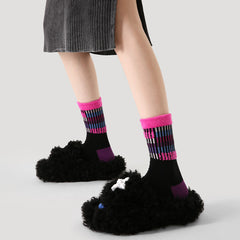 여성용 면 크루 양말 빈티지 대비 색상 플러시 커프스 포근하고 따뜻함