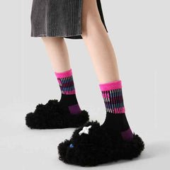 Women Cotton Crew Socks Vintage Contrast Color Plush Cuff Cozy Warm