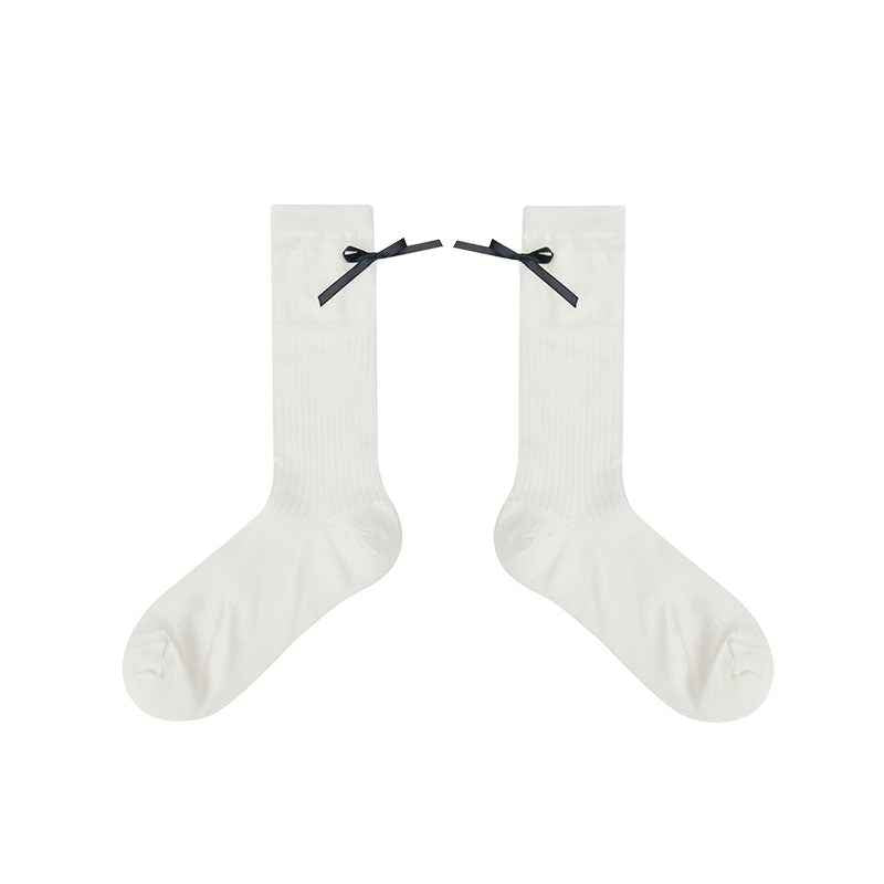 Women Antibacterial Cotton Mesh Knee High Socks Letter Bowknot