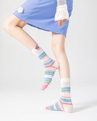 얇은 면 크루 여성 양말 부드럽고 귀여운 스트라이프 캐주얼 다용도