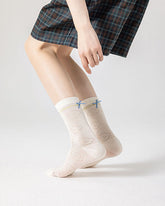 여성용 얇고 통기성 좋은 크루 면 양말, 리본 장식의 포근한 양말