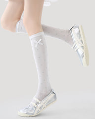 Womens Calf Socks Polka Dot Bow Cuff Solid Everyday
