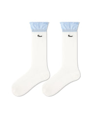Womens Crew Socks Color Cuff Polka Dot Slouchy White Combed Cotton