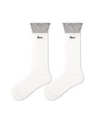 Womens Crew Socks Color Cuff Polka Dot Slouchy White Combed Cotton
