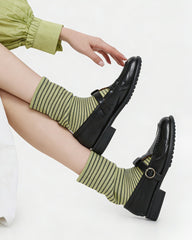 女款中筒襪 多巴胺條紋疊色羅紋彩色休閒襪子