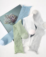 Womens Crew Socks Pearl Decor Ruffle Cuff Slouchy Sheer Everyday