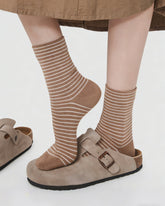 Womens Crew Socks Retro Tone Stripe Ribbed Casual Socks