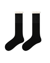 Womens Crew Socks Ruffle Cuff Polka Dot Slouchy Black Combed Cotton