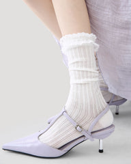 Womens Crew Socks White Lace Ruffle Mesh Ribbed Everyday Combed Cotton