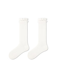 Womens Crew Socks White Lace Ruffle Mesh Ribbed Everyday Combed Cotton