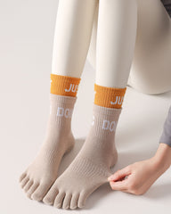 Womens Five Toe Yoga Socks Double Cuff Color Block Non Slip Crew