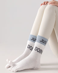 Womens Five Toe Yoga Socks Double Cuff Color Block Non Slip Crew