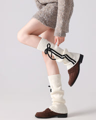 レディース ニーハイ ソックス リボン付き リブ編み ニット 暖かくスタイリッシュなレッグウォーマー
